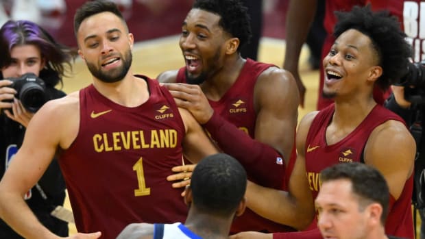 Feb 27, 2024; Cleveland, Ohio, USA; Cleveland Cavaliers guard Max Strus (1) celebrates after hitting a last-second, game-winning three-point basket in the fourth quarter against the Dallas Mavericks at Rocket Mortgage FieldHouse. Mandatory Credit: David Richard-USA TODAY Sports